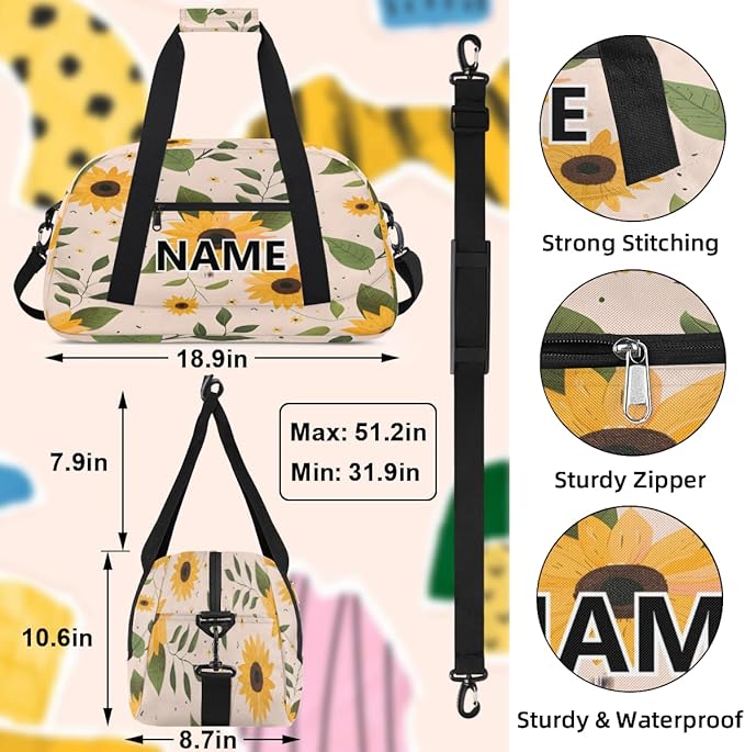 Sunflower Mini Gym Bag 18 inch for Women Men Waterproof Custom Floral Travel Duffel Bag Carry On Overnight Tote Nurse Bag for Work Fitness Hiking