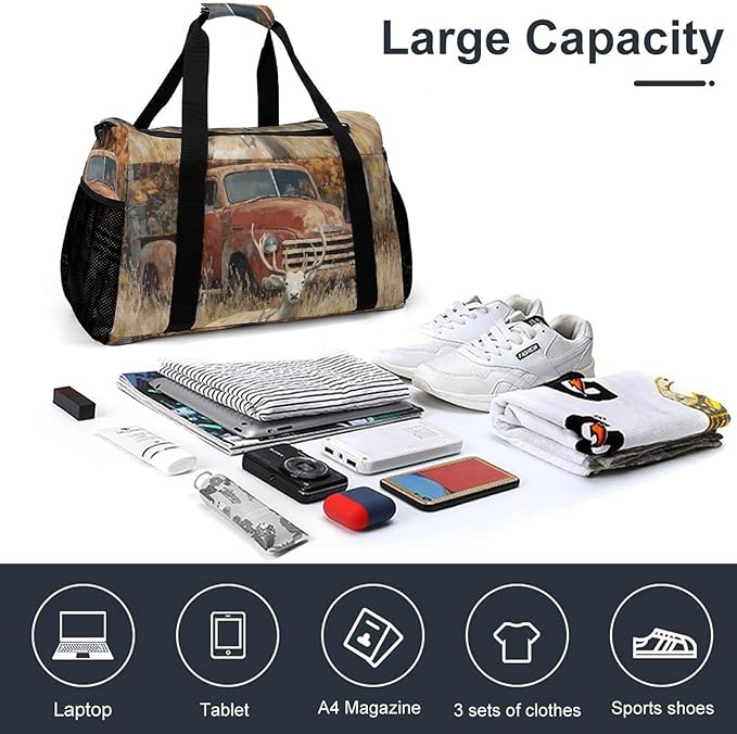 Old Truck Deers Autumn Forests Duffle Bag Gym Bag for Workout Travel Tote with Detachable Straps
