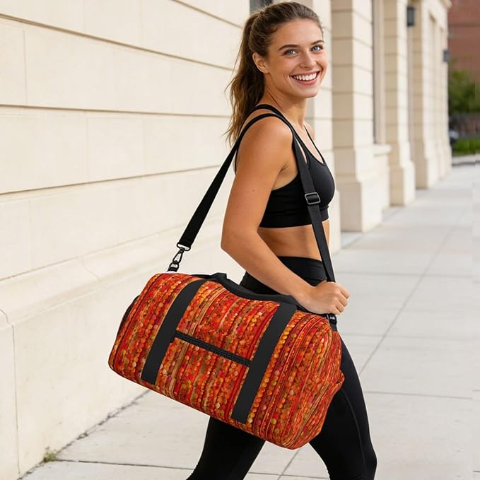 Red Gemstone Beads And Stripes Women'S Gym Duffle Bag With Shoes Compartment, Ideal For Travel, Gym, Sports, Duffel, Weekender