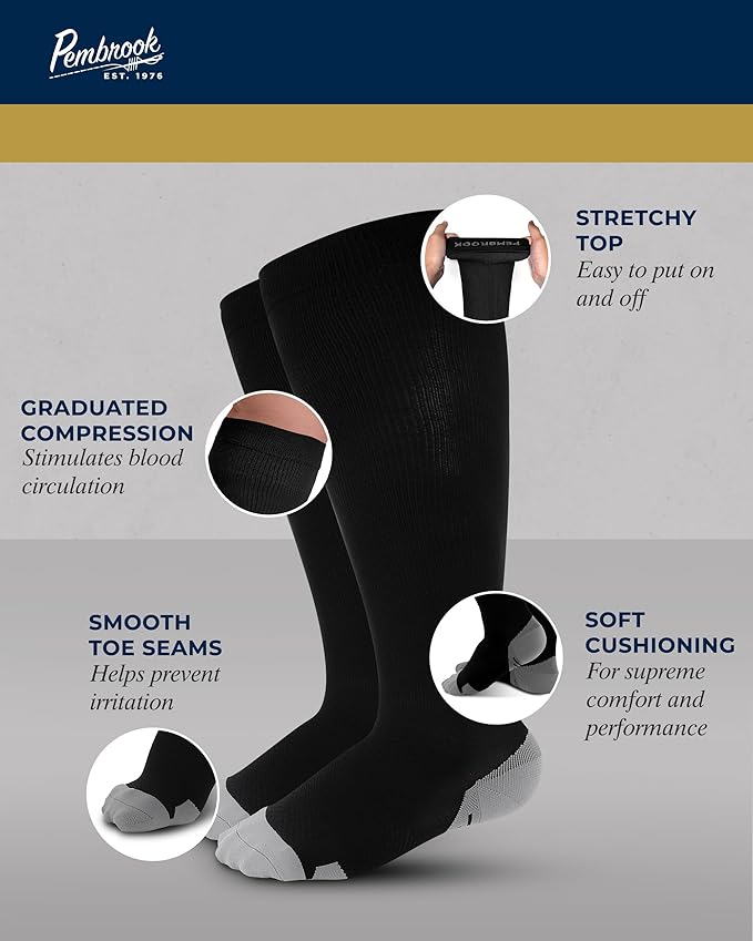Pembrook Plus Size Compression Socks Wide Calf - Up to 6XL | Black Wide Calf Compression Socks Women | Circulation Support