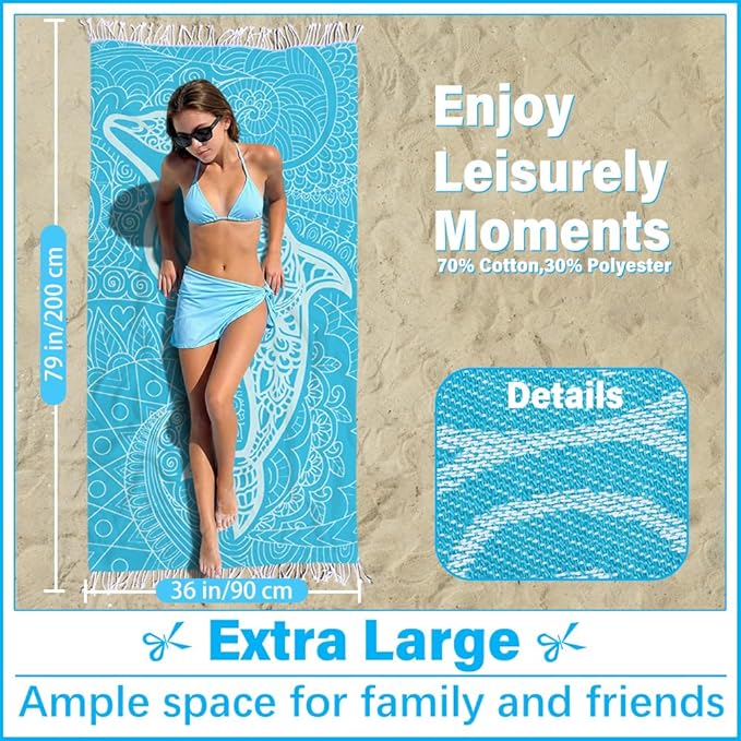 Thin Turkish Beach Towel Lightweight Soft Cotton Extra Large XL Oversized Sand Free Sandproof Absorbent Quick Dry Towels Cloud Bath Pool Travel Compact Essentials Accessories for Adult Gifts
