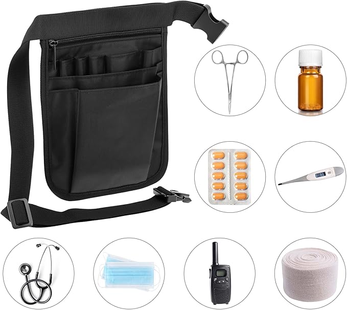 QWORK Medical Organizer Belt, Nurse Storage Bag Waist Bag Pouch for Medical Scissors Care Kit Tool, (Black, 10x7')