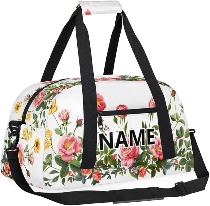 Floral Mini Gym Bag 18 inch for Women Men Waterproof Custom Pink Rose Travel Duffel Bag Carry On Overnight Tote Nurse Bag for Work Fitness Hiking