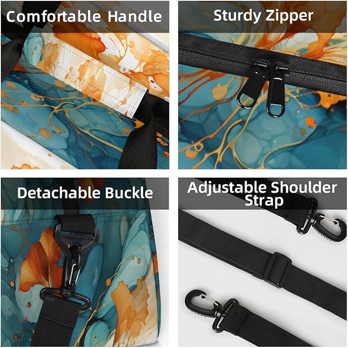 Orange Teal Marble Sports Duffel Bags, Water-Resistant Gym Duffle Bag for Men Women, Lightweight Weekender Overnight Bag for Fitness, Workout, Travel
