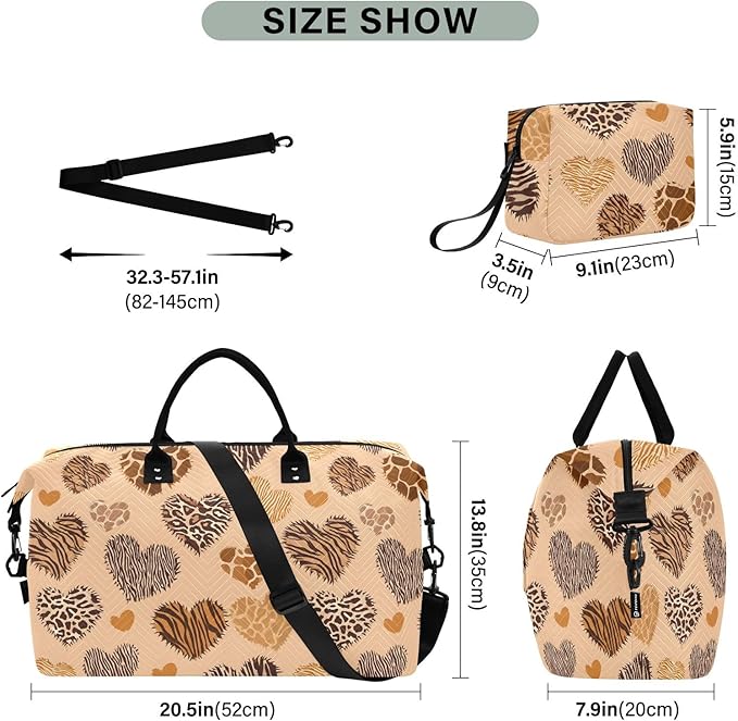 Travel Duffle Bag, Leopard Print Heart Gym Bag with Storage Bag Weekender Overnight Bag for Men Women Trip Sports Yoga