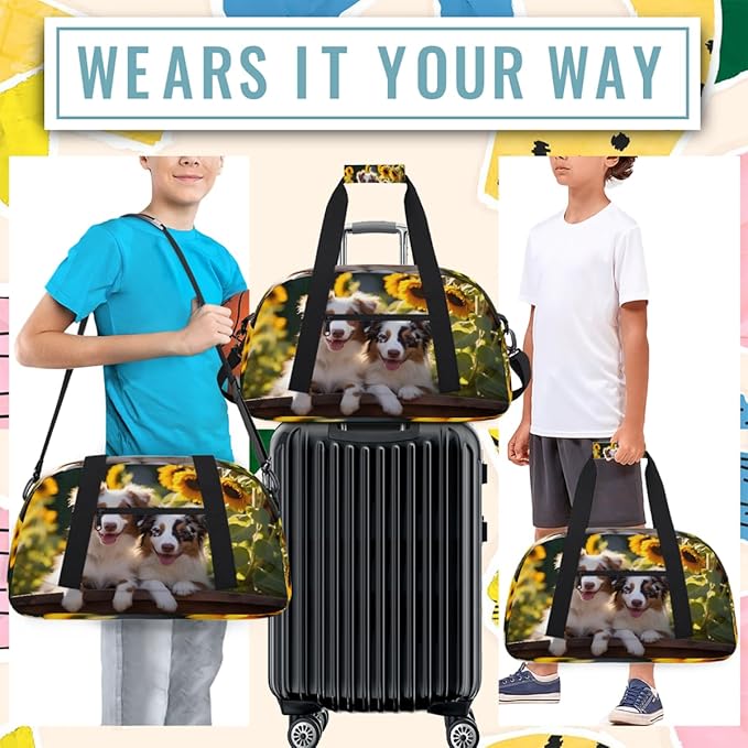 Travel Duffle Bag, Puppies By Sunflowers Waterproof Weekender Overnight Bags for Women Men Lightweight Carry on Duffle Gym Bag for Travel, Sports, Fitness, Workout