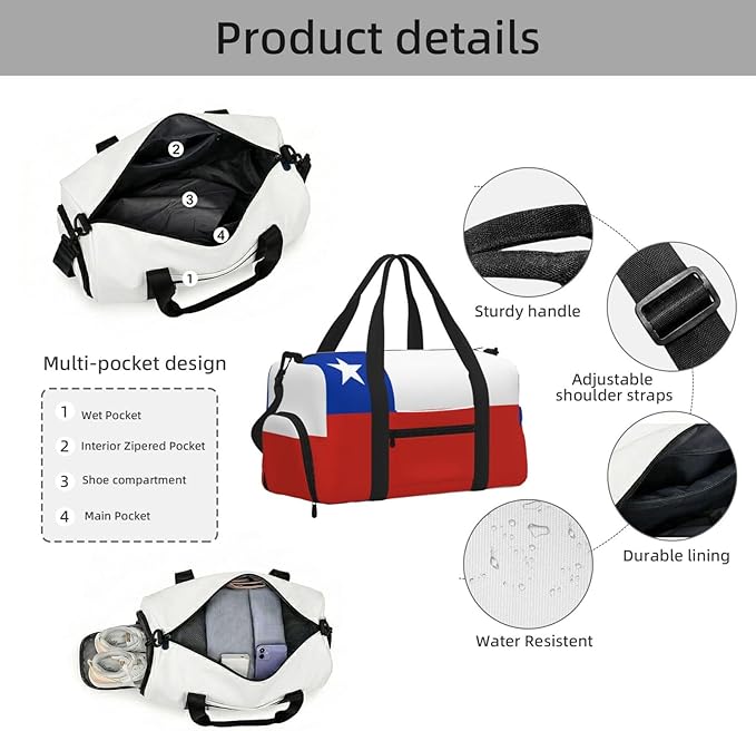 Flag of Chile Print Gym Bag with Shoe Compartment for Women Men, 17.7in Sports Duffle Weekender Tote, Overnight Travel Duffel Bag Carry On