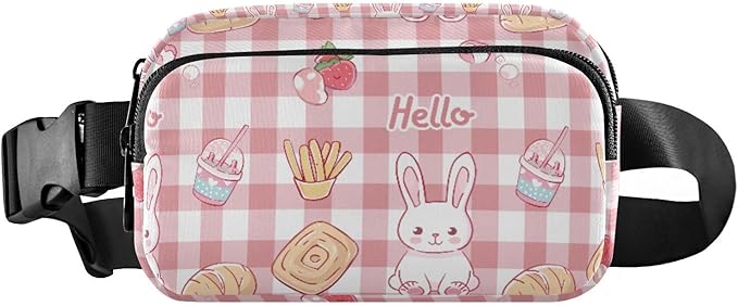 Kawaii Pink Checkered Bunny French Fries Fanny Pack for Women Men Water Resistant Fashion Waist Packs with Adjustable Strap Belt Bag for Travel Workout Jogging Hiking 21219121