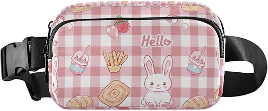 Kawaii Pink Checkered Bunny French Fries Fanny Pack for Women Men Water Resistant Fashion Waist Packs with Adjustable Strap Belt Bag for Travel Workout Jogging Hiking 21219121