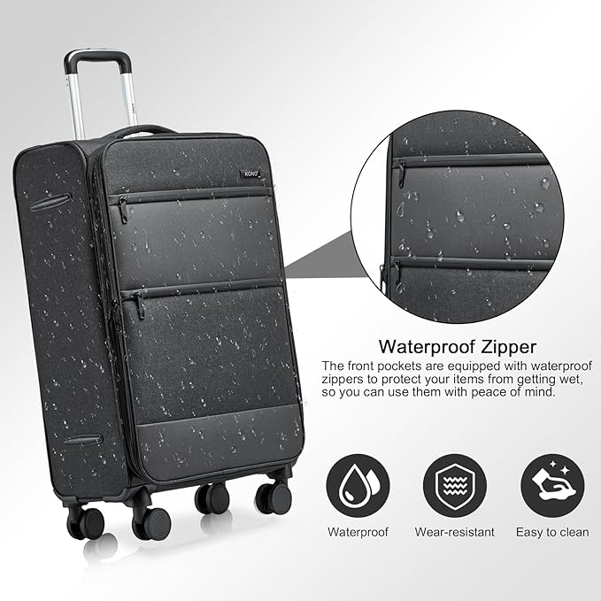 Kono 28 Inch Softside Expandable Checked Luggage with 8 Spinner Wheels TSA Lock Softshell Lightweight Business Travel Suitcase for Men and Women, Black