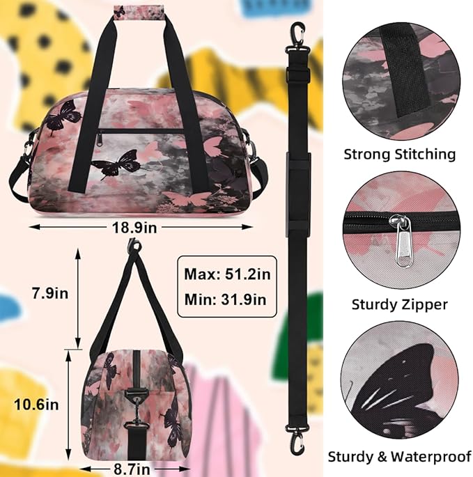 Duffle Bag for Women Men, Pink And Black Butterfly Gym Bag for Travel Sports, Lightweight Waterproof Weekender Overnight Bags with Adjustable Strap