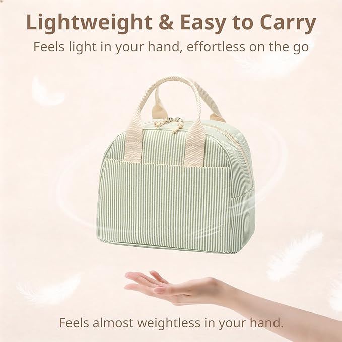 Insulated Lunch Bag for Women, Reusable Green Striped Lunch Box Cooler Bag with Large Capacity, Durable Lunch Tote for Work