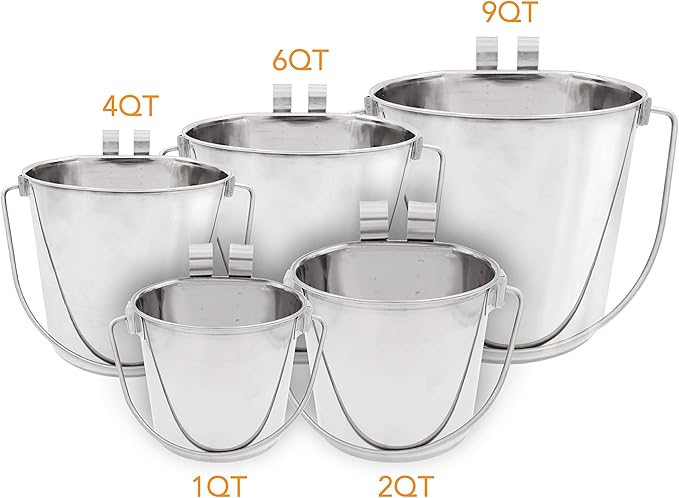 Fuzzy Puppy Flat Sided Pail with Dual Hooks, Snugly Fit On Dog, Cat and Critter Crates & Cages, Heavy Duty Stainless Steel | 4 Quart, (PN: FSP-4)