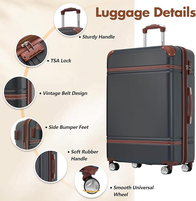 Merax 28 Inch Checked Luggage, Expandable Suitcase with Spinner Wheels, Hard Shell Vintage Luggage Set with TSA Lock(Black)