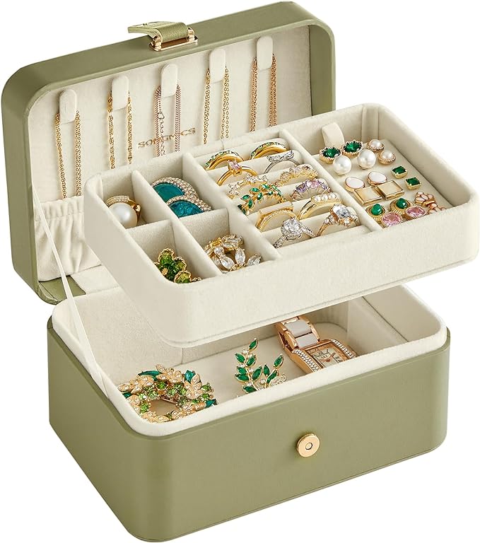 SONGMICS Jewelry Organizer Box, Travel Jewelry Case, 2-Layer Travel Case for Earrings, Necklaces, Bracelets - Portable Jewelry Storage with Large Capacity, Gift Idea, Laurel Green UJBC166C02