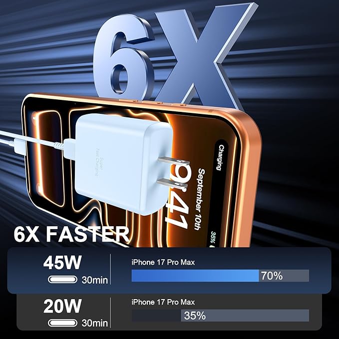 Phone 17 16 Pro Max Charger Fast Charging, 45W USB C Phone 17 16 Super Fast Charger Block with 10ft Long Type C Charging Cable Cord for i.Phone 17 Pro Max/17 Pro/17 Air/17/16/16Pro/ProMax-White+Blue