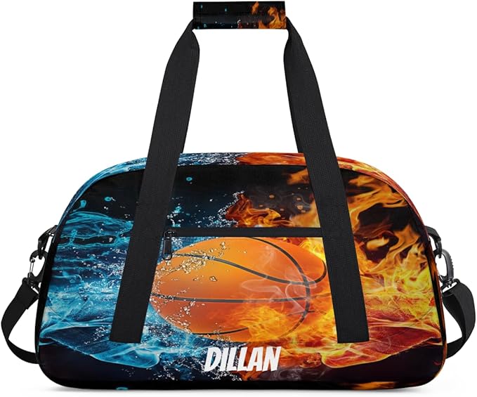 Custom Name Sports Bag for Kids Boys, Personalized Gym Duffel Fitness Travel Weekender Tote Carry-On Training Perform Bag Soccer Fire