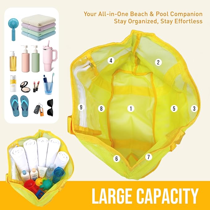 Large Mesh Beach Tote Bag, 9-Pocket Foldable Summer Vacation Beach Bag for Travel, Pool, Gym, Cruise