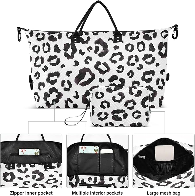 Travel Duffle Bag, Leopard Print Cheetah Black White Gym Bag with Storage Bag Weekender Overnight Bag for Men Women Trip Sports Yoga