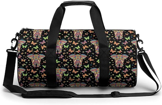 Foldable Gym Bag Elephant Butterfly Art Lightweight Travel Sports Bag Carry On Weekender Overnight Bags Beach Yoga Bags