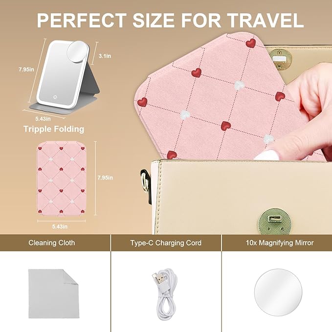 Mocado Travel Makeup Mirro with Lights, 360° Rotation Lighted Makeup Mirror, Portable Mirror with 10x Magnification, 60LEDs 3 Color Lightings, Dimmable Touch Screen, Tabletop Light up(Heart)