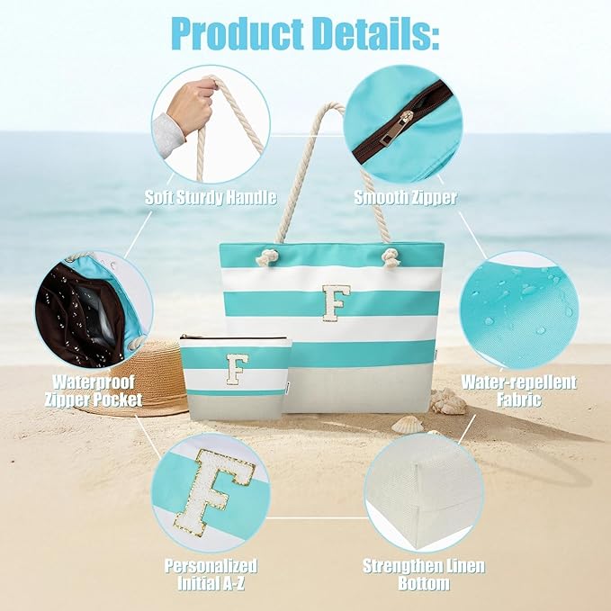 Vavabox Initial Beach Tote Bag for Women, Water-resistant Foldable Travel Beach Bag Set, Birthday Gifts for Women Mom