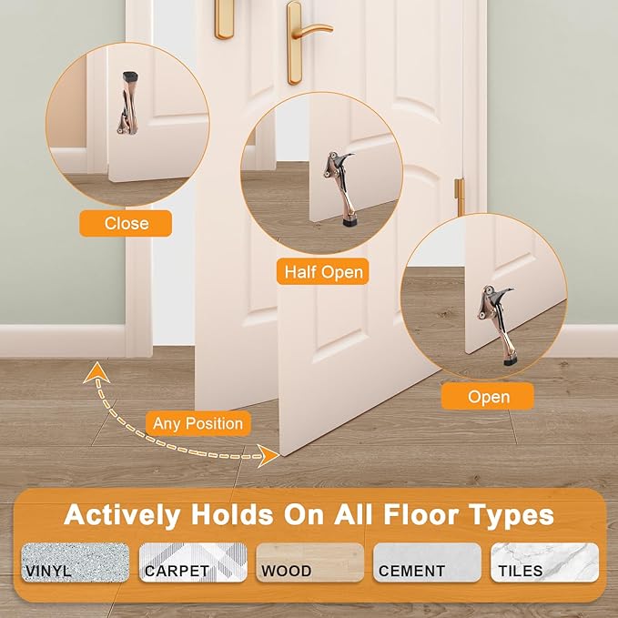 Kickdown Door Stopper 4 Inches - 2 Packs One Touch Adjustable Height Door Stop for The Bottom of Door Aluminum Alloy Metal Door Stopper with Rubber Tip & Wall Protectors for Wide Doors Bronze