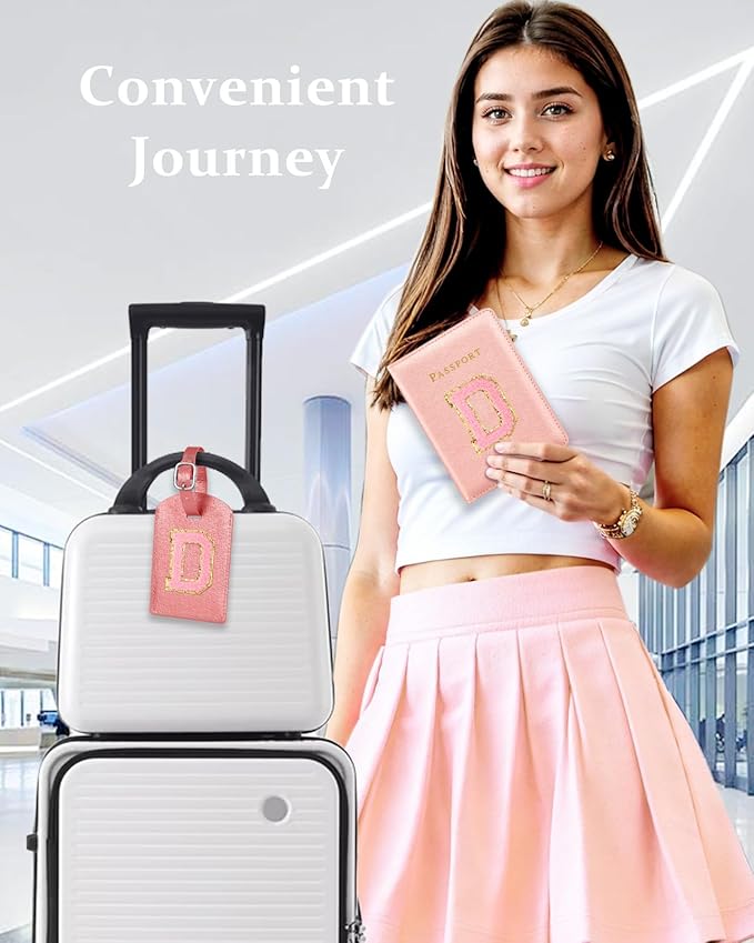 Slohif Passport Holder Initial Lugguage Tag Set Suitcase Cover Wallet Case for Travel Women - Leather Letter Passport Book Personalized Organizer Card Protector Sleeve Essentials Slim Carrier Red D