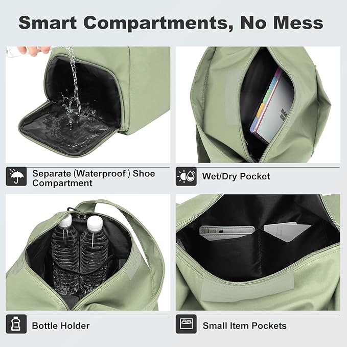 Women's Mini Gym Bag Crossbody, Everyday Sling Duffel with Shoe Compartment & Wet Pocket, Water-Resistant Travel Bag, Olive Green