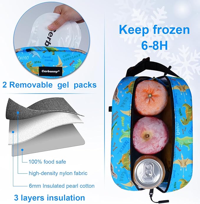 Cerbonny Blue Planet Dinosaur Freezable Cooler Bag - Mini Insulated Lunch Bag for Kids/Adults, Fit for Yogurt