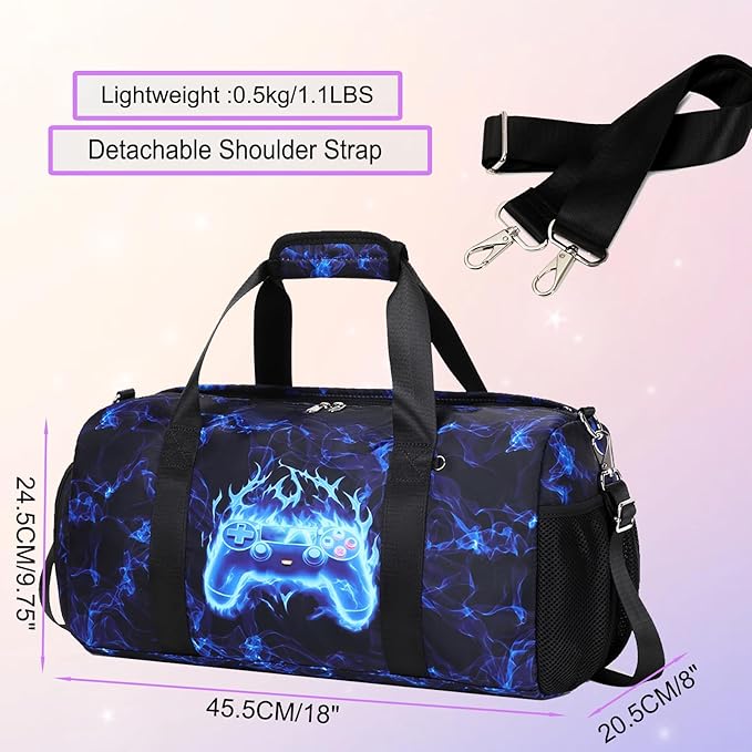 Duffle Bag for Boys Sport Gym Bag with Wet Pocket Shoes Compartment for Teen Boys Luminous Blue Flame Game Travel Bag Dance Bag