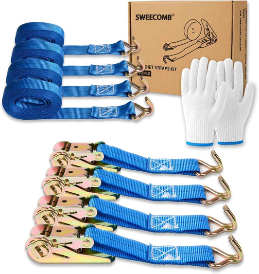 Ratchet Straps (4-Pack), 1 Inch x 16.4 Feet (2200lb Break Strength) with Sturdy Metal Hooks, 1x Work Gloves, Heavy Duty Tie Down Straps for Truck, Cargo Trailer, Motorcycle, Luggage, Moving (Blue)
