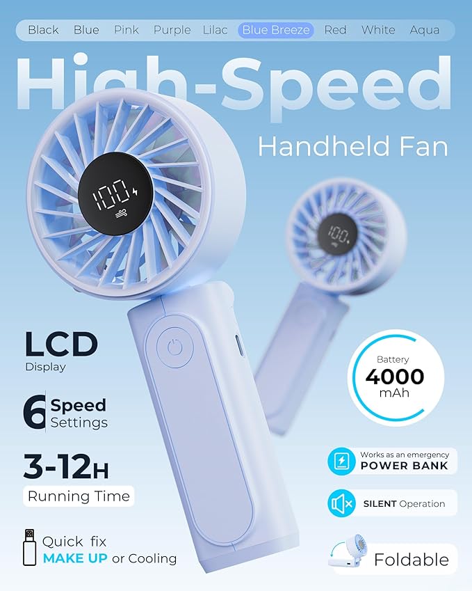 Portable Fan, 4000mAh Rechargeable, 180° Foldable Mini Desk Fan with 6 Wind Speed, LCD Digital Display, Lanyard as Neck Fan, Ultra Quiet, Pocket Size for Indoor Outdoor