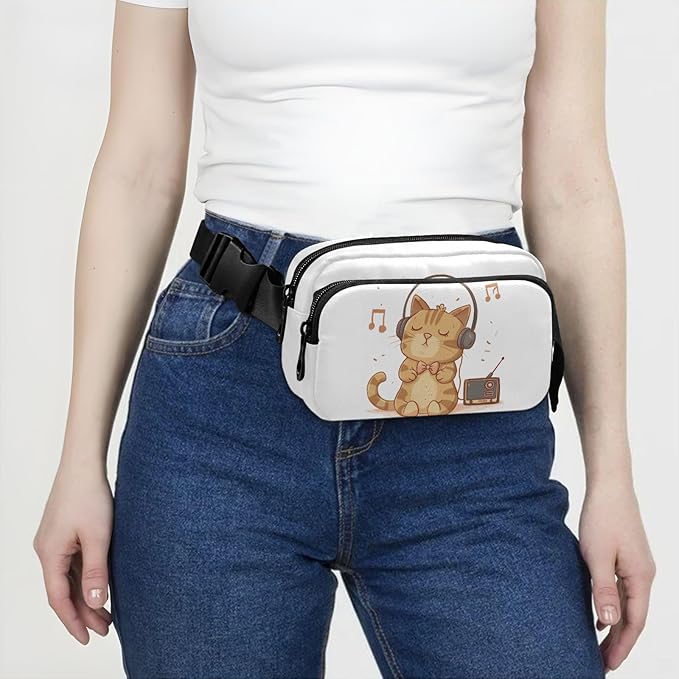 Cat Listening To Music with Headphones Fanny Pack for Women Men Water Resistant Fashion Waist Packs with Adjustable Strap Belt Bag for Travel Workout Jogging Hiking 21218991