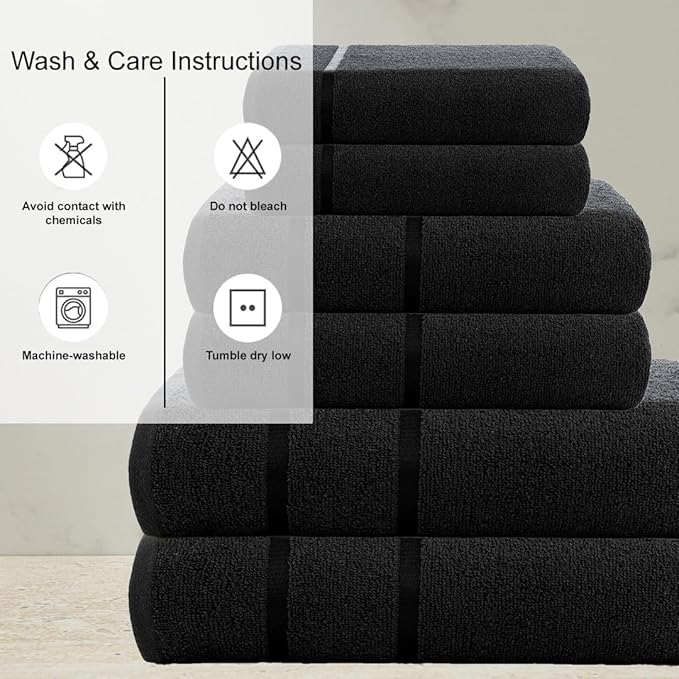 CASA COPENHAGEN Eternal 6Pcs 100% Egyptian Cotton Large Designer Towels Gift Set- Black, 500 GSM, 2Bath 2Hand 2Washcloths, Bath Towels for Bathroom Set for Women & Men