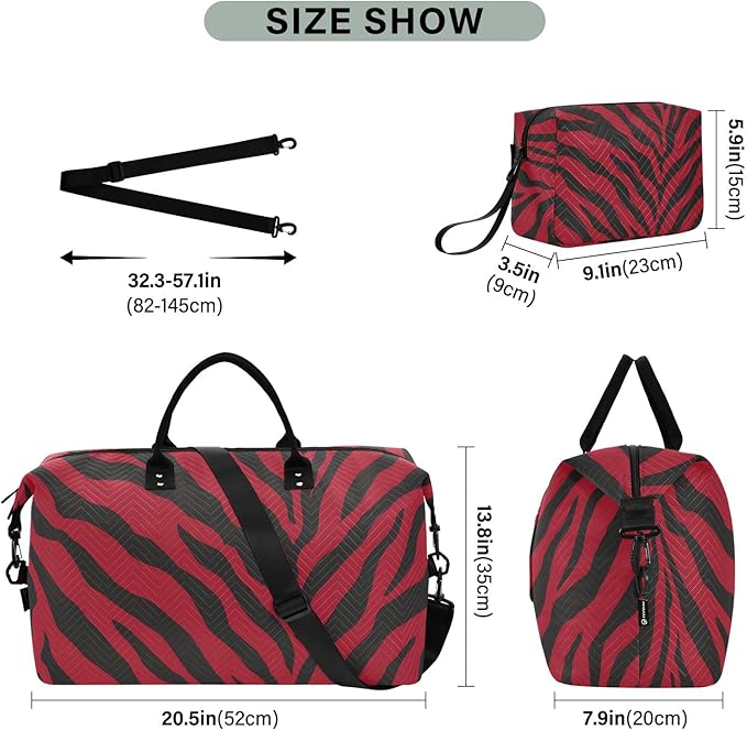 Travel Duffle Bag, Red Black Tiger Stripes Pattern Gym Bag with Storage Bag Weekender Overnight Bag for Men Women Trip Sports Yoga