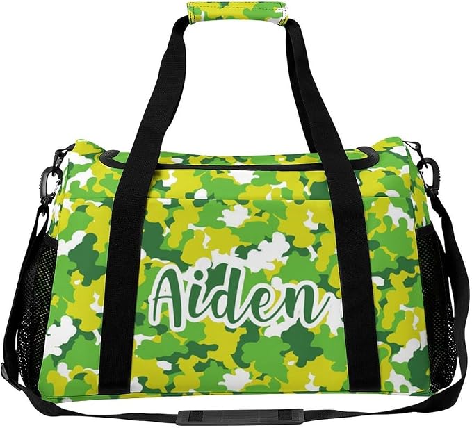Custom Handheld Crossbody Travel Bag Camouflage Green Yellow Camo Lightweight Gym Bags Duffel Bag with Name Adjustable Shoulder Strap Backpacks