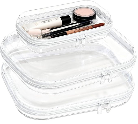 3PCS Clear Hard Plastic Zipper Case, Double Zippers Hard Pouch, Portable Travel Organizer Bin Clear Makeup Bag for Toy Storage, Snack Bag, Cosmetics, Pencil Case, Diaper Bag, Toiletry Bag (2M+1S)