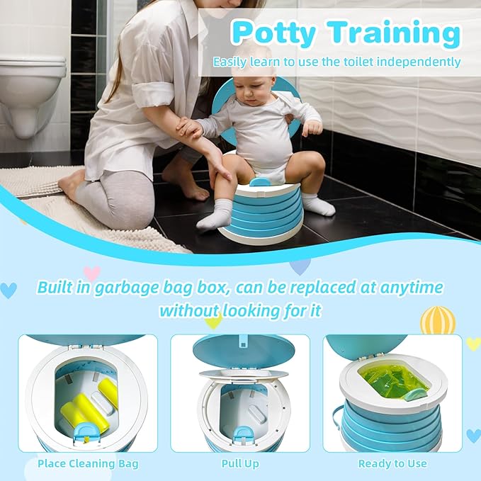 2026 Upgraded Portable Potty Chair for Toddlers with Splash-Proof Design, Foldable Travel Potty with Bag & 30 Refills - Kids Toilet for Car, Camping, Indoor - Easy Clean Baby Potty Training Seat(Blue)