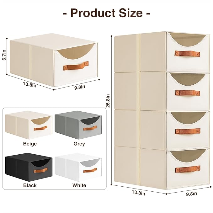 Stackable Storage Drawers - Collapsible Storage Bins with Drawers, 8 Pack Closet Shelf Organizer Basket, Fabric Pull Out Organizer for Bedroom, Living Room, Dorm, Beige