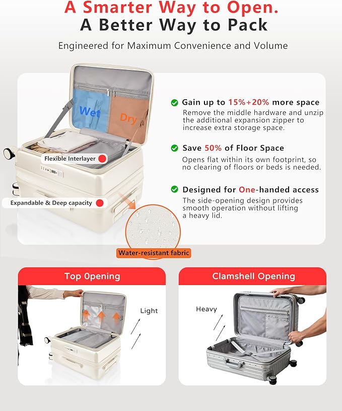Expandable 20Inch Carry On Luggage Airline Approved - Top Opening Hardside Travel Suitcase Unbreakable -with Cup Holder,USB Charge,Side Pothook, 360°Spinner Wheels, TSA Lock-White