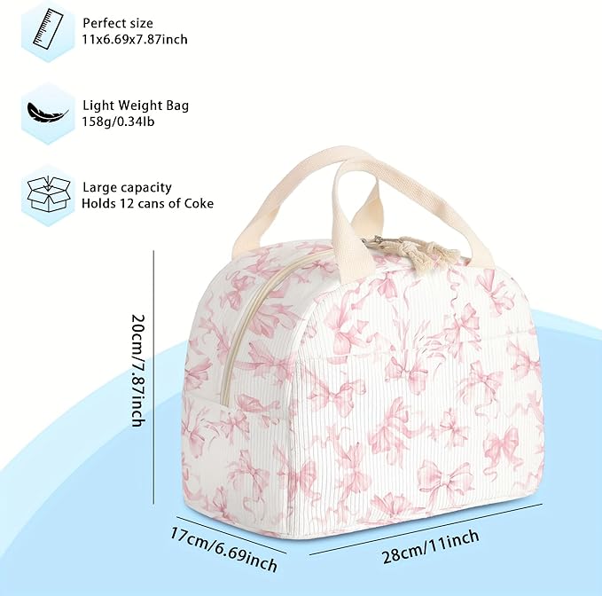 Insulated Lunch Box for Women and Men,Corduroy Lunch Bags for Work,Leakproof Adults Cooler Tote Bag for Offices,Picnic,Travel,Outdoor (Pink Bow)