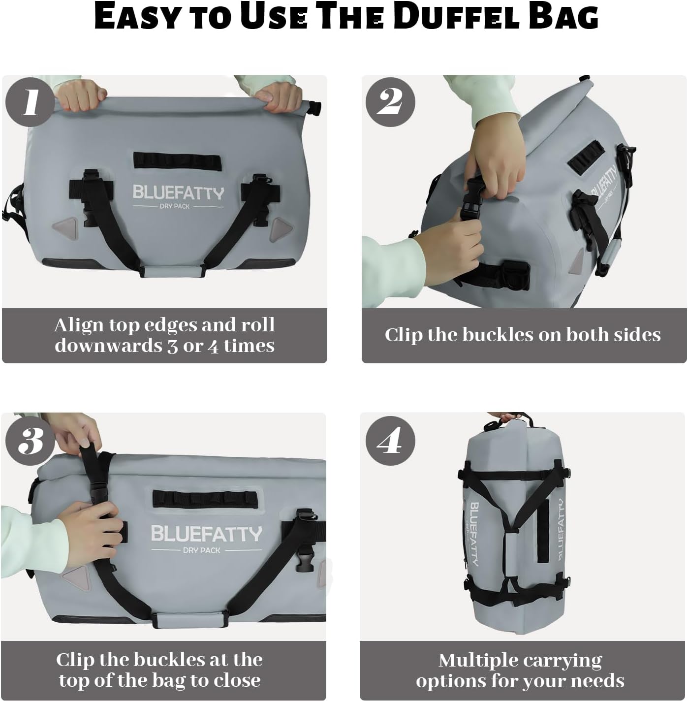 Waterproof Motorcycle Duffel Bag Roll Top Dry Duffel Bag with Quick-fixed Straps for Rafting, Boating, Kayaking, Travel, 50L(Grey)