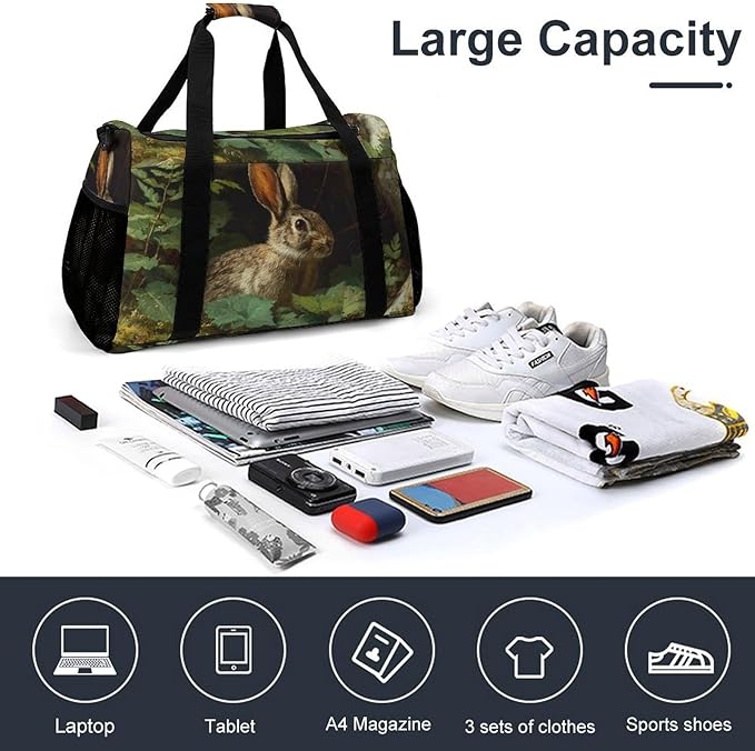 Wild Bunny Forests Leaves Plant Duffle Bag Gym Bag for Workout Travel Tote with Detachable Straps