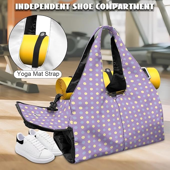 Purple Polka Dots Gym Bag for Women Mini Travel Duffel Bag for Airplane Overnight Hospital Workout Beach Swim Yoga Camping Organizer Lightweight Weekender Bag with Shoe Compartment