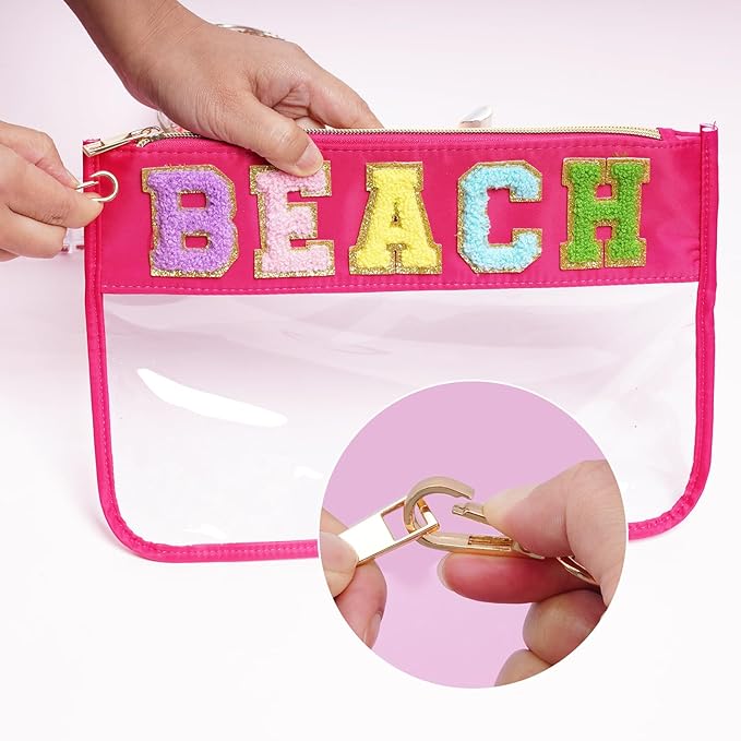 Chenille Letter Bag, Multi-purpose Nylon Clear Makeup Cosmetic Bags Flat Pouches with Zipper for Travel, Gym, Beach (Rose Red-Beach)