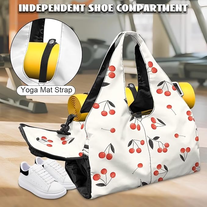 Waterproof Womens Duffle Bag with Pockets, Double Zipper, Cherry Gym Bag with Shoe Compartment, Overnight Bag with Yoga Mat Holder Gift for Anniversary