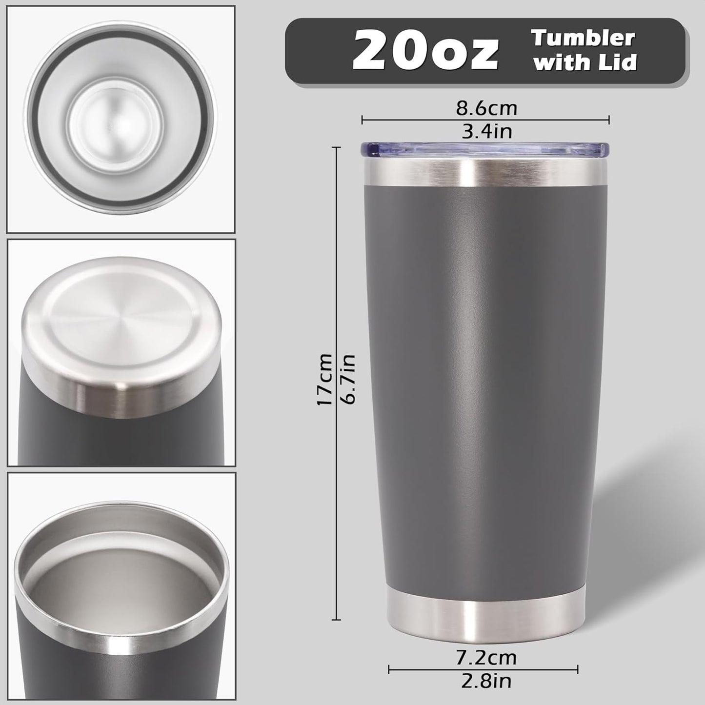 20oz Tumbler Bulk Stainless Steel Tumblers with Lid Vacuum Insulated Double Wall Travel Coffee Mug Powder Coated Tumbler Cup for Hot and Cold Drinks(Grey, 6 pack)