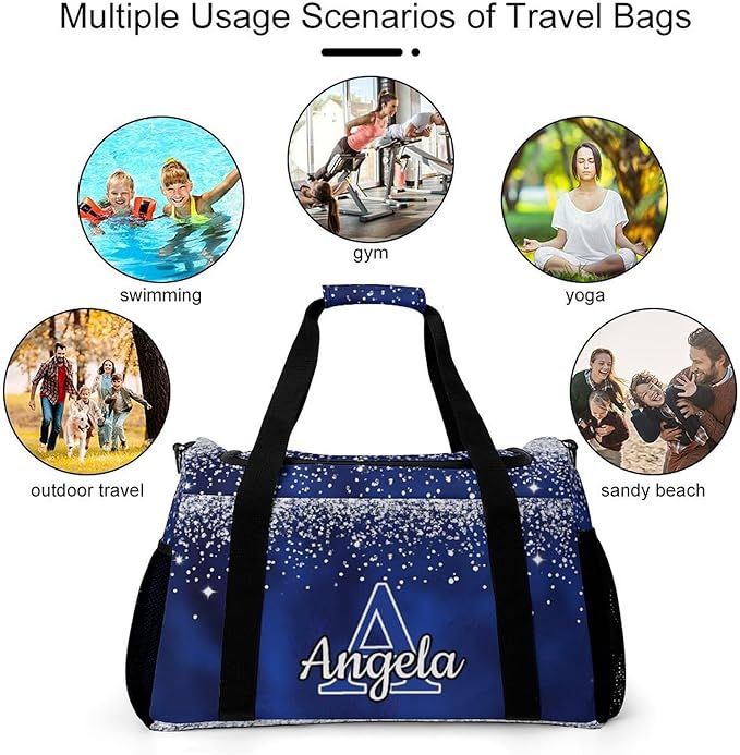 Navy Blue Bling Print Personalized Duffel Sports Bag with Name Custom Weekender Overnight Bag Gym Bag Travel Duffel Bag