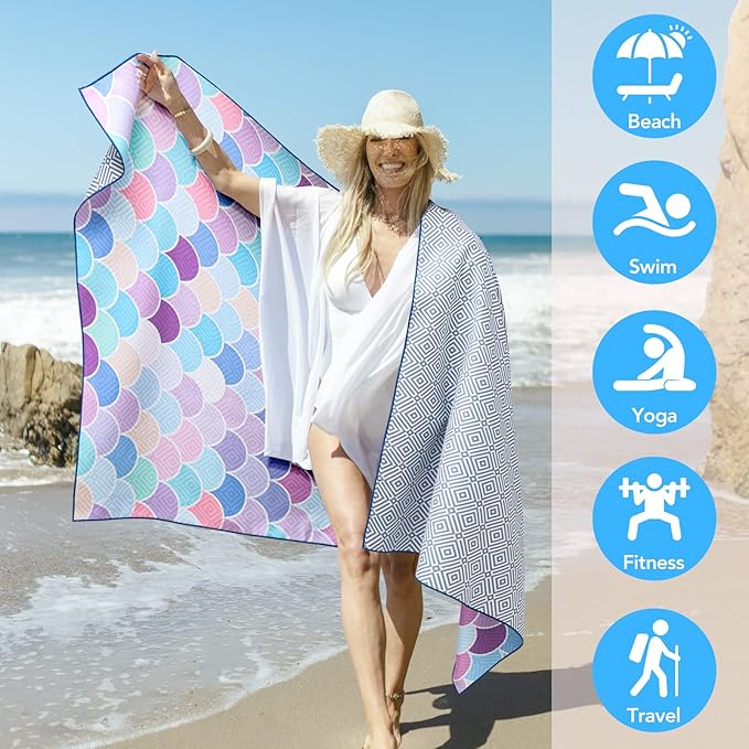 2 Pack Microfiber Beach Towel: Oversized Pool Towel 75”x 35”, Sand-Free Beach Towel, Quick Drying Camping Towel, Super Absorbent Bath Towel Blanket, Soft Breathable and Lightweight for Kids & Adults